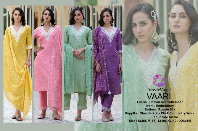 Vaari By VredeVogel Roman Silk Embroidery Kurti With Bottom Dupatta Wholesalers In Delhi
